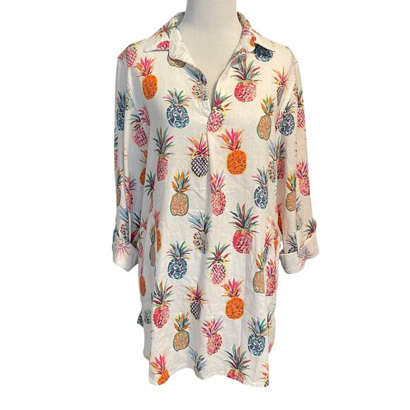 Sigrid Olsen Pineapple Print Linen Top Womens Medium Novelty Popover Blouse - Picture 1 of 7